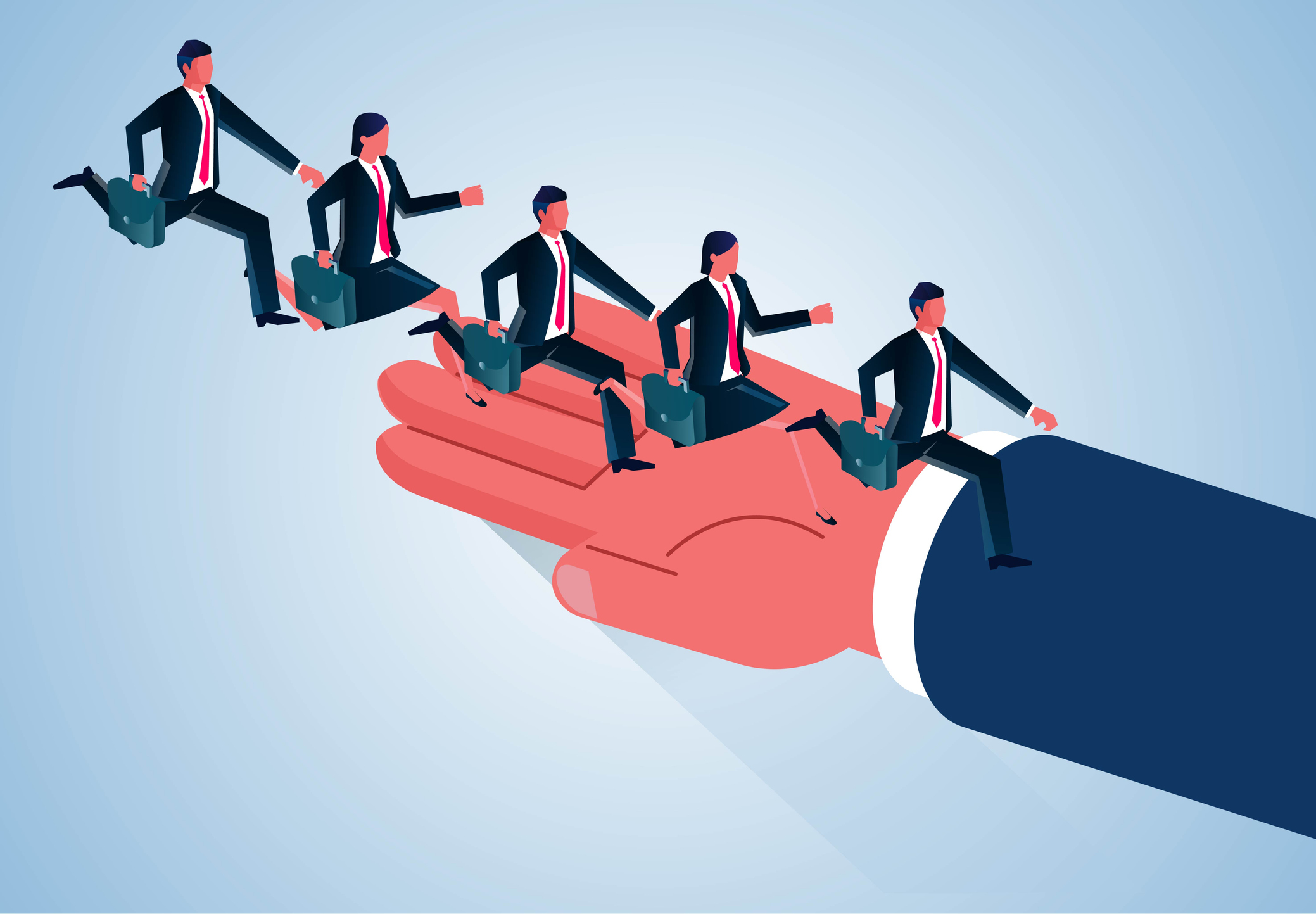 Isometric hands to help a group of small businessmen run upwards, support and help in business plan development or career development