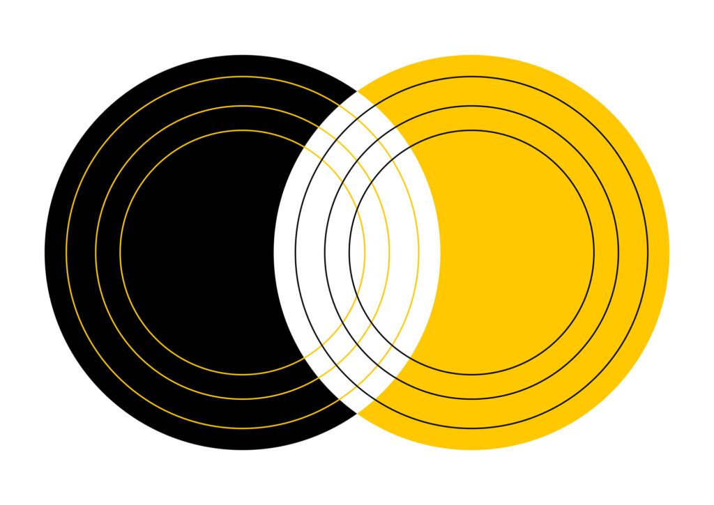 Venn diagram 2 merge circles with lines chart infographic sign. Two cross circles black yellow and white color for data statistics presentation. Vector illustration.