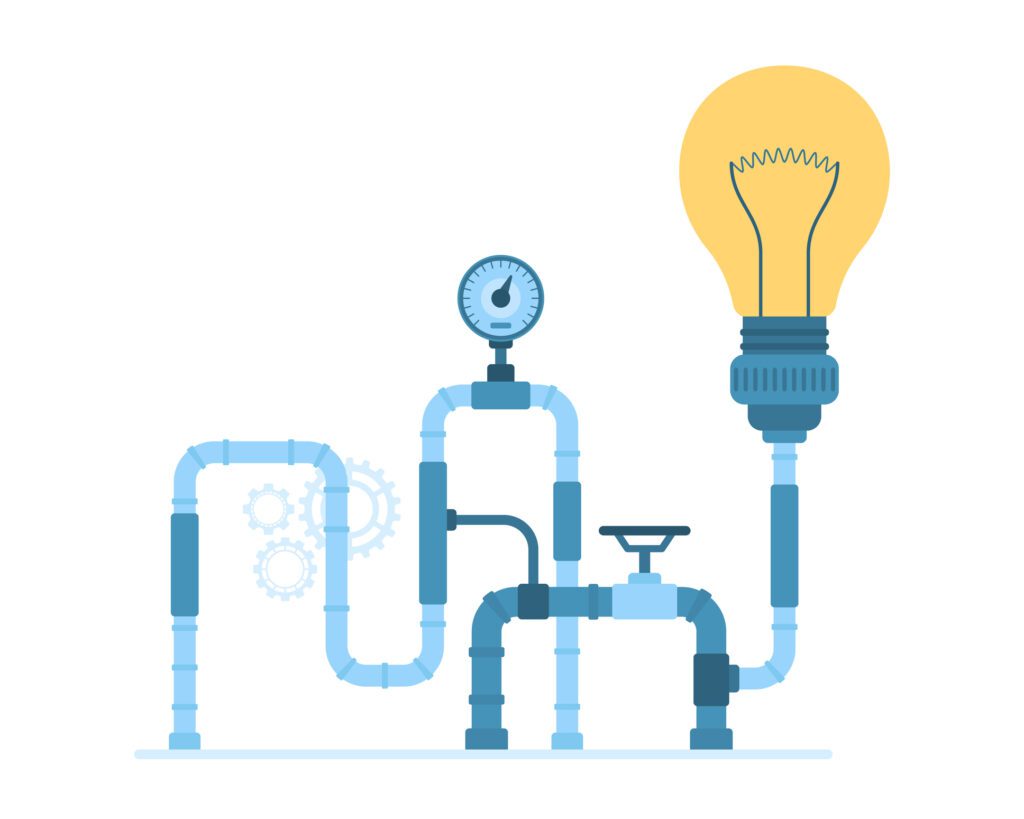 Generator for process of idea creation vector illustration. Cartoon isolated infographic factory pipe system with light bulb, lab equipment with plumbing, gears and glass lamp to generate ideas