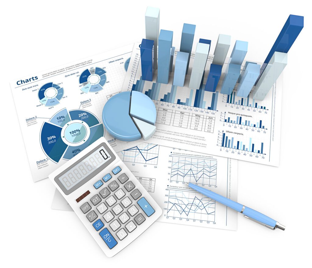 3d Illustration of Financial documents 3D graphs and pie charts. Pen and Calculator. Top view. Blue theme.